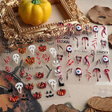 Halloween Nail Art Sticker Decals 5D Stereoscopic Embossed Terror Eyeball Skull Spider Pumpkin Realistic Design Nail Art Supplies Acrylic Nail Decoration for Women and Girls Nail Accessories 4 Sheets