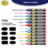 Woodsam 12 Ct Liquid Chalk Markers with 8 Neon, Bold and 4 Metallic Colors - Free 24 Chalkboard Labels - 6mm Chisel and Bullet Reversible Tips - Dry Erasable Marker - Chalk Pen for Chalkboard, Glass
