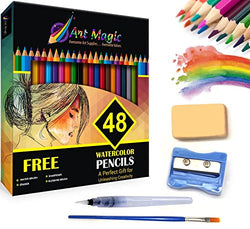 Art Magic Pre-Sharpened Watercolor Pencils Set for Drawing & Coloring with 4 Extra Art Supplies, Set of 48 (WCP48)