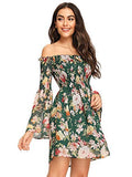 Romwe Women's Sexy Off Shoulder Dress Floral Print A Line Fit and Flare Mini Dress Green S