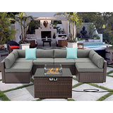 SUNBURY Outdoor 7 Piece Sectional Sofa Propane Fire Pit, Dark Brown Patio Furniture Set w 32-inch 40,000 BTU Square Wicker Fire Table Tank 20 gal Outside for Garden, Poolside, Backyard