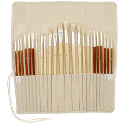 US Art Supply 24 piece Oil & Acrylic Paint Long Handle Artist Paint Brush Set with Canvas Roll-Up
