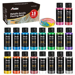 Metallic Acrylic Pouring Paint, Abeier Set of 18 Metallic Colors Fluid acrylic paint, Pre-Mixed High Flow & Ready to Pour(18 x 2 oz./ 60 ml), Pouring Painting Supplies for Easter Decorations, Canvas & Paper, Rocks, Wood, and More