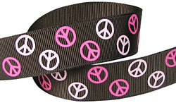 Hip Girl Boutique 5yd 7/8" Peace Sign Ribbon-Grosgrain-Brown/P. Pink+Hot Pink