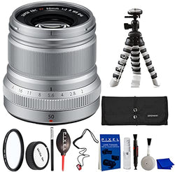 Fujifilm Fujinon XF50mmF2 R WR Lens (Silver) Bundle with Protection Filter, Write On Rear Lens Cap-Fuji X, Blower, Cleaning Kit, Cap Leash, Flexible Tripod, Accessory Rollup | Fuji xf 50mm Lens.