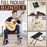 Premium Classical Guitar Walnut and Spruce Full Size 39” Acoustic 6 String Traditional Handcrafted Wood w/Starter Kit Bundle Gig Bag, Digital Tuner, Picks, Stand & Foot Stool