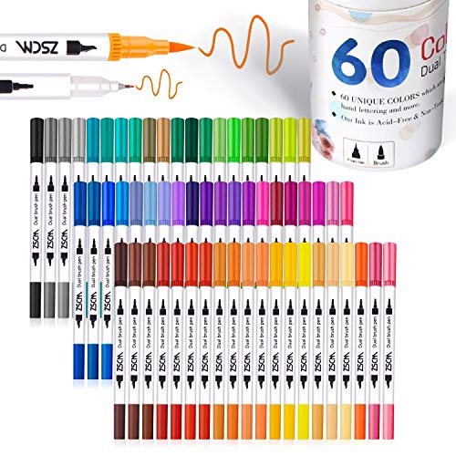Art Markers Dual Brush Pens for Coloring, 60 Artist Colored Marker Set,  Fine and Brush Tip Pen Art Supplier for Kids Adult Coloring Books, Bullet