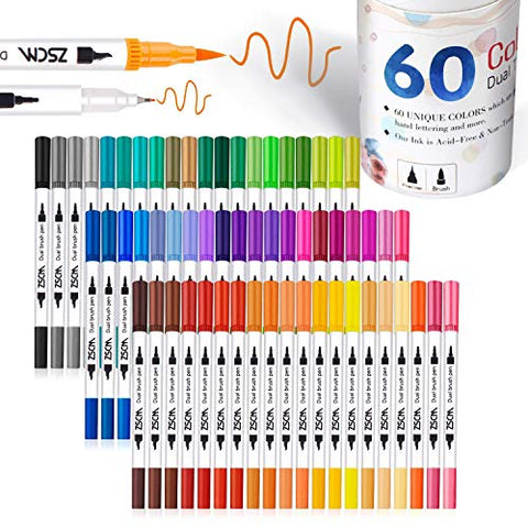 ZSCM Duo Tip Brush Markers, 60 Colors Adult Coloring Books Drawing Colored  Pens Fine Point Water Based Markers, for School Supplies Note Taking
