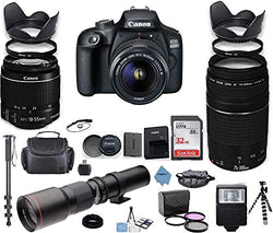 Canon EOS 4000D DSLR Camera with 18-55mm is II Lens Bundle + Canon EF 75-300mm f/4-5.6 III Lens and 500mm Preset Lens + 32GB Memory + Filters + Monopod + Professional Bundle + Inspire Digital Cloth