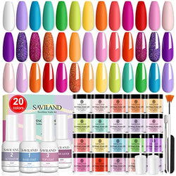 Saviland 29 Pcs Dip Powder Nail Kit Starter, 20 Colors Rainbow Dipping Powder System Essential Dip Liquid Set with Base Top Coat Activator Brush Saver for Nail Beginners Professionals and Salon