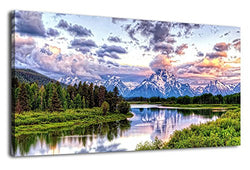 Landscape Canvas Wall Art Nature Picture Oxbow Bend Grand Teton National Park Modern Canvas Artwork River and Forest Contemporary Wall Art Large Size for Home Office Decoration 20" x 40"