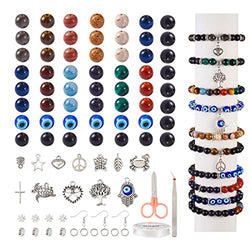 Beadthoven Mix Stone Beads for Jewelry Making Kit 8mm Healing Crystal Stone Beads Set with String Cord Evil Eye Beads Vintage Charms Jewelry Findings for DIY Bracelet Necklaces Earrings 412pcs