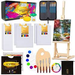 MODERA Premium Acrylic Art Paint Set | 55-Piece Professional Artist Painting Supplies Kit w/Wooden Easel, 24 Paints, 12 Brushes, 5 Knives, 2 Palettes, 6 Canvases & More | for Adults, Kids & Beginners