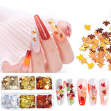 6 Grids 3D Fall Glitter Maple Leaf Nail Sequins Fall Nail Art Stickers Decals Holographic Autumn Glitter Gold Yellow Red Orange Thanksgiving Nail Decals Charms Confetti Glitter Nail Art Decorations