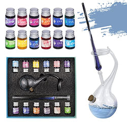 Glass Dip Pen Ink Set with Inkwell, Handmade Calligraphy Dip Pens with 12 Colorful Inks & Pen Holder, Crystal Glass Pen Calligraphy Kit for Art, Writing, Drawing, Signature, Decoration, Gift (purple)