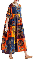 Women Vintage Loose Dress Contrast Color Print Half Sleeves Robes Oversized Cotton Linen Casual Dress Orange