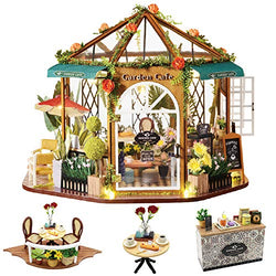 Spilay DIY Dollhouse Miniature with Wooden Furniture Kit,Handmade Mini Home Craft Villa Garden Coffee Model Plus Dust Cover & LED,1:24 Scale Creative Doll House Toys for Teens Adult Gift GB01