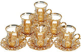 (Set of 6) Turkish Tea Glasses Set with Saucers Holders Spoons & TRAY, Decorated with Swarovski Type Crystals and Pearl,25 Pcs