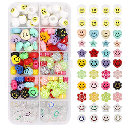 156Pcs Smiley Face Beads for Bracelets Jewelry Necklets Making Kit, Sunflower Heart Shape Star Smile Happy Face Preppy Colorful Cute Kawaii Clear Acrylic Resinous Beads Set for Hair Braids Crafts