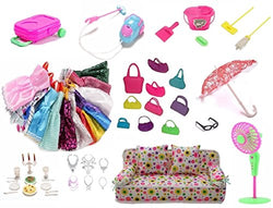 52 Pieces/Set Doll Miniature Playset, Accessories, Dresses, Dollhouse Furniture, Cleaning Kit, Tableware, Kitchen Supplies, Compatible with barbie-sized dolls.