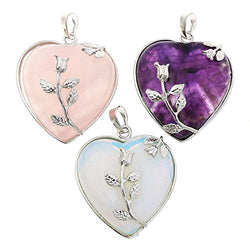 Top Plaza Natural Amethyst/Rose Quartz/Opalite Healing Crystal Gemstone Heart Pendant Necklace