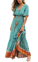 R.Vivimos Womens Summer Cotton Short Sleeve V Neck Floral Print Casual Bohemian Midi Dresses (Small, Green)