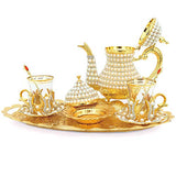 Luxurious Copper and Brass Elegant All in One Serving Set, Large Tea Pot, Decorated with Crystals and Pearls Resistant to High Temperatures (12 Pieces Serving Set)