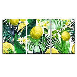 wall26 - 3 Piece Canvas Wall Art - Vector - Seamless Pattern of Lemon, Flowers and Tropical Leaves on a White Background. - Modern Home Decor Stretched and Framed Ready to Hang - 24"x36"x3 Panels