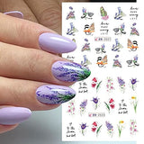 Flowers Nail Art Stickers 12 Sheets Floral Water Transfer Nail Decals Spring Nail Art Decorations Butterfly Flower Dragonfly Design Acrylic Nail Stickers for Women DIY Nail Art Supplies