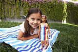 Barbie Loves The Ocean Beach-Themed Doll (11.5-inch Curvy Brunette), Made from Recycled Plastics, Wearing Fashion & Accessories, Gift for 3 to 7 Year Olds