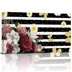 Aomike Canvas Wall Art Decor Black and White Stripe with Pink Flower Artwork Canvas Prints for Living Room, Bedroom, Kitchen, Office- Stretched and Framed Ready to Hang (16" x 32")