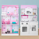 BABLE Wooden Dollhouse & Play Kitchen 2 in 1, Double-Sided, Kids Kitchen Playset, Play Kitchen for Toddlers with 13-Pc Furniture and 2-Pc Kitchen Accessories Set, Pink / White
