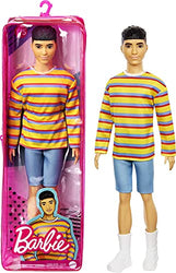 Barbie Ken Fashionistas Doll #175 with Sculpted Brunette Hair Wearing a Long-Sleeve Colorful Striped Shirt, Denim Shorts, White Boots, Toy for Kids 3 to 8 Years Old