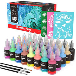 3D Fabric Paint, Magicfly 40 Colors Permanent Textile Paint with 3 Brushes and Stencils, Permanent Fabric Paint with Fluorescent, Glow in The Dark, Glitter, Metallic Colors for Clothing, T-Shirt, Glas