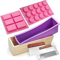 Silicone soap molds kit - 6 Cavities Biscuits Rectangular Holes Cylinder DIY Handmade Soap Loaf Mold kit,Comes with Wood Box Stainless Steel Wavy & Straight Scraper