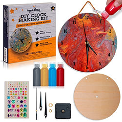 Romi's way DIY Clock kit w Round Wood, Acrylic Pouring Paint, Clock Mechanism – Kids Painting kit - Clock Kits for Do It Yourself - Unique Boys & Girls Arts and Crafts for Kids Ages 8-12 6-8 and up