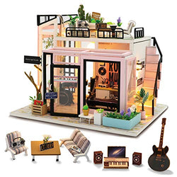 GuDoQi DIY Miniature Dollhouse Kit, Mini Dollhouse with Furniture, Tiny House Kit Plus Dust Cover and Music Movement, DIY Miniature Kits to Build, Great Handmade Crafts Gift Idea, Music Studio