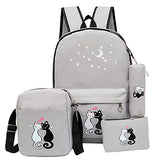 4Pcs Cute Cat Prints Canvas Primary School Bag Rucksack Backpack Set for Girls Elementary Bookbag