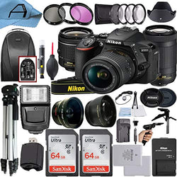 Nikon D5600 DSLR Camera 24.2MP Sensor with NIKKOR 18-55mm VR and 70-300mm Dual Lens, 2 Pack SanDisk 64GB Memory Card, Backpack, Tripod, Slave Flash Light and A-Cell Accessory Bundle (Black)