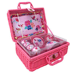 Pink Poppy My Darling Floral Hot Pink 10 x 8 Tin Metal Toy 14 Piece Tea Set in Basket