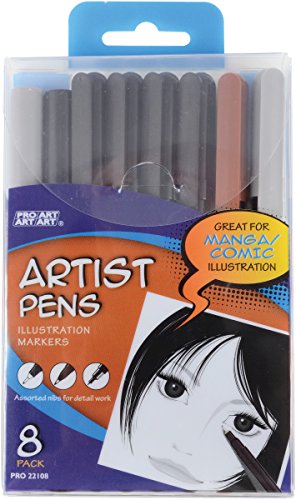 Pro-Art 56220108 Artist Pen, Black/Brown/Grey, 8-Pack