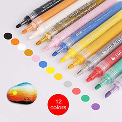 Acrylic Paint Marker Pens, Set of 12 Colors Markers Water Based Paint Pen for Rock Painting, Canvas, Photo Album, DIY Craft, School Project, Glass, Ceramic, Wood, Metal (M12)
