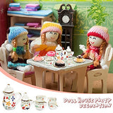 52 Pieces Miniature Dollhouse Kitchen Accessories Include Miniature Porcelain Tea Cup Set Mini Doll Plates Knife Fork Spoon Miniature Food 3-Tier Silver Cupcake Stand for Party Favors (Cute Style)