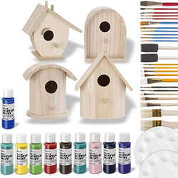 Birdhouse Craft Bundle - 4 Unfinished Wood Birdhouses (5-7 Inches), 10 Acrylic Paints (2-Ounce, Random Colors), 25-Piece Paintbrush Set, 2 Palettes
