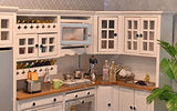 iLAND Wooden Dollhouse Furniture Set on 1/12 Scale for Dollhouse Kitchen incl Modern Miniature Kitchen Cabinets, Fridge, Oven, Microwave, Pots Set, Carpet