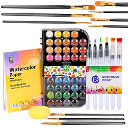 Senmink Watercolor Paint Set, 48 Watercolor Paints with 10 Watercolor Brush,6 Refillable Water Brush Pen,1 Watercolor Pad,1 Art Sponge,Water Colors Paint Set for Kids, Adults, Beginners and Artists…