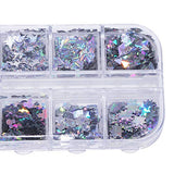 Holographic Nail Art Glitter Sequins Nail Art Supplies Flakes 12 Grids Laser Silver Nail Decals 3D Butterfly Nail Glitters Star Heart Unicorn Nail Art Sticker Confetti for Acrylic Nails Decorations