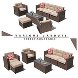 Super Patio 7 Pieces Patio Furniture Set, Outdoor Sectional Rattan Sofa Set, All Weather Wicker Conversation Couch Set with Beige Seat and Back Cushions, Red Throw Pillows, Espresso Brown