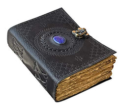 Vintage Leather Journal with Semi Precious Stone - Lock Closure, 200 Pages Antique Deckle Edge Paper - Book of Shadows, Grimoire Journal, Witch Spell Journal for Men and Women - 7 x 5 Inch Black