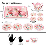 UNIH Tea Set for Little Girls,Kids Tea Set Pink Tin Tea Party Set with Carry Case, Pretend Play Tea Set Toys for Kids Toddlers